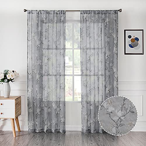 Tollpiz Floral Short Grey Sheer Curtain Flower Print Vine Embroidery Bedroom Curtains Rod Pocket Voile Window Curtain for Living Room, 54 x 54 inches Long, Set of 2 Panels - color: Grey, size: 54"W x 54"L (Pack of 2)