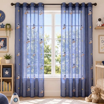Tegeme 2 Panels Blue Astronaut Sheer Curtains for Bedroom 84 Inch - color: Blue, style: Astronaut