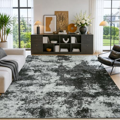 Merelax 8x10 Back Grey Washable Area Rug Non-Slip Faux Wool Abstract Rug - color: Black Grey, size: 8' x 10'(96''x120'')