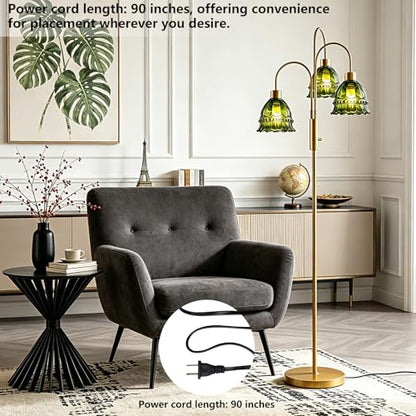 3-Light Glass Floor Lamp Green Shade 70" Gold Dimmable Tall Standing Lamp - color: Green Lace-Gold