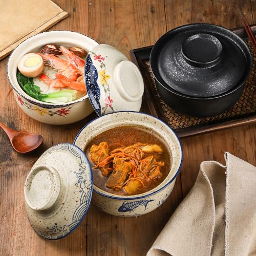 VanEnjoy Microwavable Ramen Bowl with Lid, 25 Oz Japanese Bowl Big Ceramic Japanese Soup Bowl with Lid, Korean Clay Pot - fish - color: fish