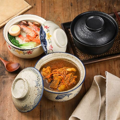 VanEnjoy Microwavable Ramen Bowl with Lid, 25 Oz Japanese Bowl Big Ceramic Japanese Soup Bowl with Lid, Korean Clay Pot - fish - color: fish