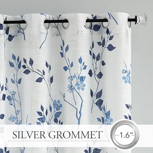 Beauoop Floral Linen Semi Sheer Curtains Living Room Blue Navy 50x84 2 Set - color: Grommet | Blue and Navy, size: 50"W x 84"L (Pack of 2)