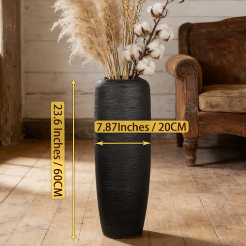Black Rustic Ceramic Floor Vase, 24 Inch, Ribbed Texture - size: 23.6 Inch