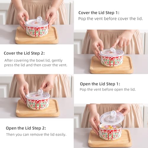 Ceramic Bowl with Lid, Microwave Safe, Set of 4 - color: color A1 - Set of 4
