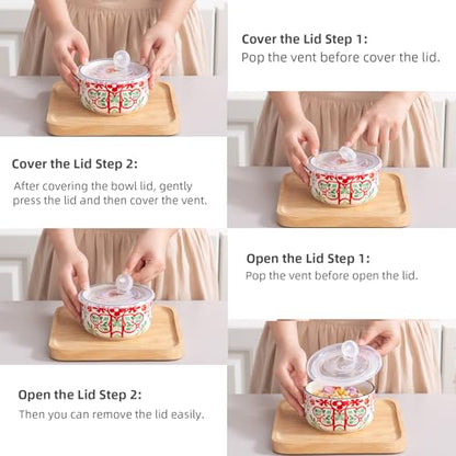 Ceramic Bowl with Lid, Microwave Safe, Set of 4 - color: color A1 - Set of 4