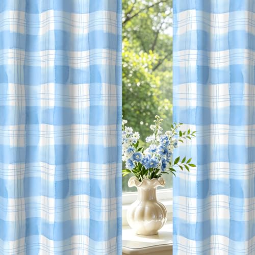 Blue Buffalo Check Plaid Blackout Curtains 63 Inch Length 2 Panel Set,Light Blue and White Gingham Farmhouse Window Drapes for Bedroom Living Room with Grommet - color: 02 Blue, size: 52"W x 63"L (Pack of 2)