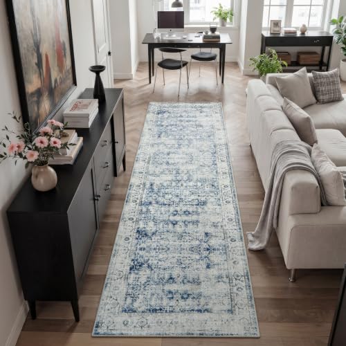 Morebes Vintage Washable Laundry Room Rugs and Mats,2.5x8 Blue Runner Rug Non Slip,Long Runner Rug for Entryway Indoor, Distressed Throw Rug Indoor Entrance Floor Carpet Runner, Blue - color: Blue/Multi, size: 2.5' x 8' (Runner)