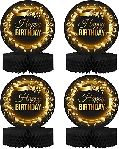 Happy Birthday Table Decoration Centerpieces - (4 Pack, Black & Rose Gold), Double-Sided Happy Birthday Centerpieces for Tables - Party Supplies for Elegant Birthday Decorations by PixiPy - style: Black & Gold (Pack of 4)
