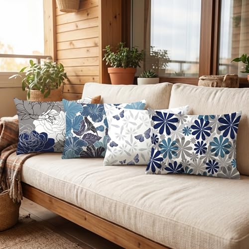 COMMINY Blue Grey Lumbar Pillow Covers 12x20 Set 6 Linen Throw Cover - color: Blue Daisy, size: 20" x 12" (Pack of 6)
