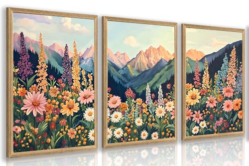 Hianan Wood Framed Boho Moutain Wildflower Wall Art Set of 3, 16x24 in - color: Colourful(Wood), size: 24"L x 16"W