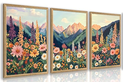 Hianan Wood Framed Boho Moutain Wildflower Wall Art Set of 3, 16x24 in - color: Colourful(Wood), size: 24"L x 16"W