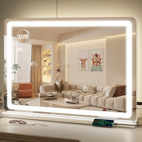 ROLOVE Vanity Mirror with Lights, 32" x 22" Large Lighted Vanity Mirror with Dimmable 3 Modes, LED Makeup Mirror, Touch Screen Control, USB Charging Port, Tabletop or Wall-Mounted - color: White, size: 32"L x 22"W