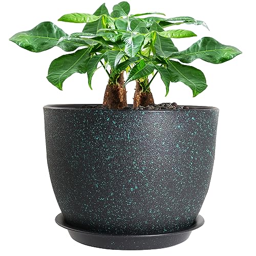 UOUZ 12inch Large Plant Pot, Modern Plastic Planter with High Driange Holes and Saucer for Indoor Outdoor Garden Plants and Flowers, Black with Green Speckles - color: Black With Green Speckles