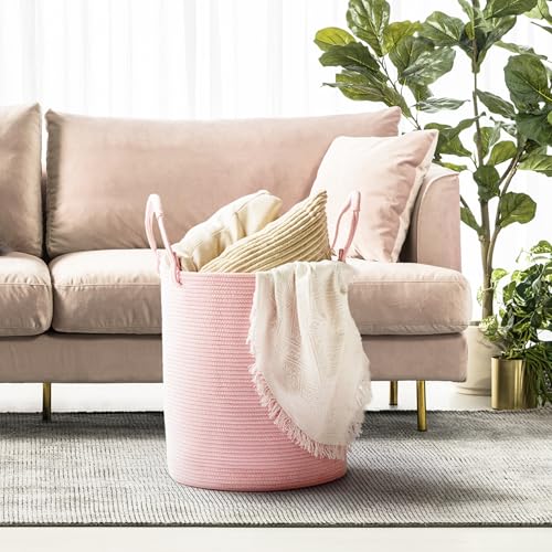 Laundry Hamper Basket, Woven Cotton Rope Blanket Basket, Nursery Storage - color: Light Pink, size: 15"D x 18"H