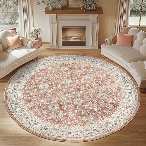 jinchan 7ft Vintage Floral Round Rug, Circle Washable Rug, Orange - color: Multi Orange, size: 7' (Round)