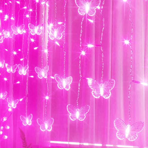 120 LED Butterfly Curtain Fairy Lights USB Plug in,8 Modes 20FT Firefly Twinkle Timer String Lights with Remote, Waterproof Copper Wire for Bedroom Valentine's Day Wedding Party(Pink) - color: Pink