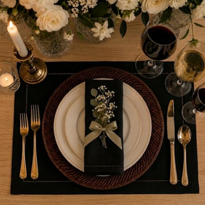 Signature Linen™ by D'Moksha, Black Placemats Set of 4, 14 x 19 Inch, 100% Pure Linen Table Mats, Hemstitch, Machine Washable Cloth Placemats- Fall, Weddings, Outdoor Hosting - color: Black, size: Set of 4 (14 X 19 Inch)
