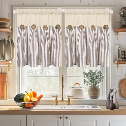 ASPMIZ Farmhouse Kitchen Curtains 24 Inch Length, Brown Stripe, 2 Panels - color: Beige&brown, size: 26"W x 24"L (Pack of 2)