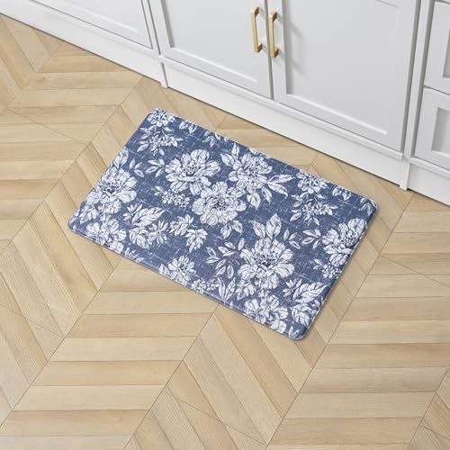 Laura Ashley - Anti-Fatigue Kitchen Mat, Iris Floral Design, Stain, Water & Fade Resistant, Cooking & Standing Relief, Non-Slip Backing, Measures 17.5" x 32", Navy Iris - color: Navy, size: 32"L x 17.5"W x 0.47"Th