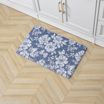 Laura Ashley - Anti-Fatigue Kitchen Mat, Iris Floral Design, Stain, Water & Fade Resistant, Cooking & Standing Relief, Non-Slip Backing, Measures 17.5" x 32", Navy Iris - color: Navy, size: 32"L x 17.5"W x 0.47"Th