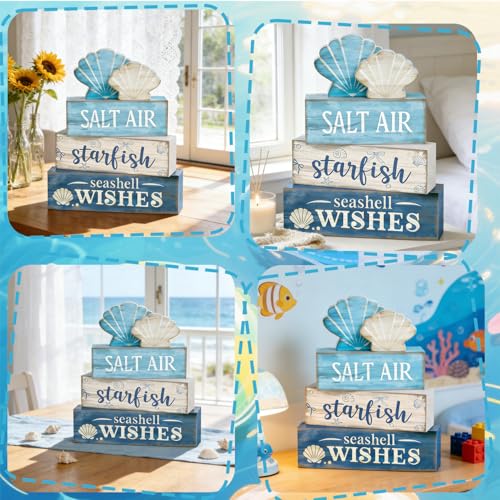 4 Pcs Coastal Summer Beach Tiered Tray Decor Rustic Wooden Nautical Centerpiece Set with Shell Starfish Farmhouse Style Beach Room Decor Summer Tiered Tray Decor - style: Coastal
