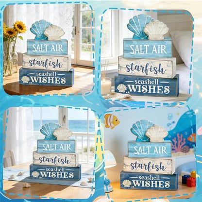 4 Pcs Coastal Summer Beach Tiered Tray Decor Rustic Wooden Nautical Centerpiece Set with Shell Starfish Farmhouse Style Beach Room Decor Summer Tiered Tray Decor - style: Coastal