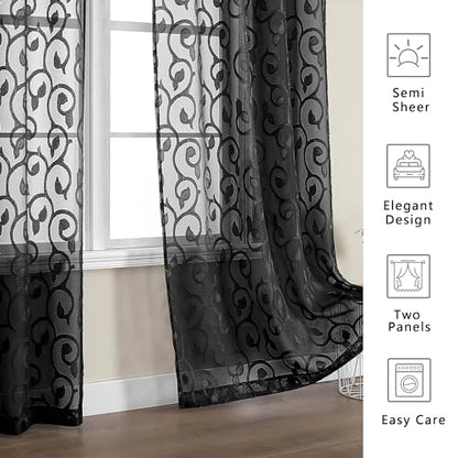 OWENIE Furman Black Sheer Curtains 54 inch Length for Living Room Bedroom 2 Panels Set, Lightweight Small Window Curtains with Geometric Jacquard Clip Voile Curtains, Dual Rod Pocket, 28Wx54L inch - color: Black, size: 28"W x 54"L (Pack of 2)