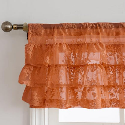 Kotile Burnt Orange Lace Ruffle Valance for Windows W52 x L18 inch, 1 Panel - color: Burnt Orange - Ruffle Lace