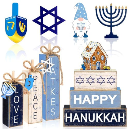 11 Pcs Hanukkah Wooden Tiered Tray Decor Chanukah Tabletop Signs - style: Hanukkah