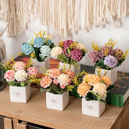 6Pcs Artificial Flowers with Ceramic Pot Small Fake Hydrangea Flowers - color: Multi-color