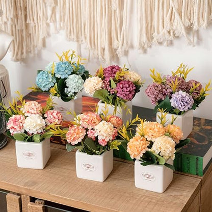 6Pcs Artificial Flowers with Ceramic Pot Small Fake Hydrangea Flowers - color: Multi-color