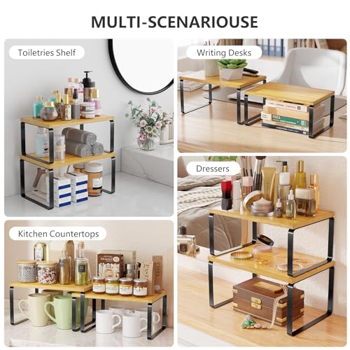 Simple Trending Bamboo Cabinet Organizer Shelf, Set of 2 Kitchen Counter Shelves, Stackable Expandable Spice Rack Kitchen Storage, Black and Natural Beige - size: Set of 2 Shelves