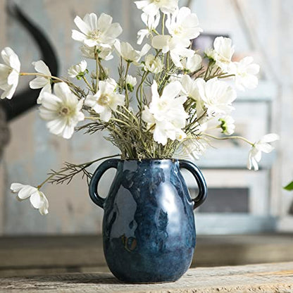 Tanvecle Blue Ceramic Vase with Handles, 7" Modern Farmhouse Decor - color: Blue