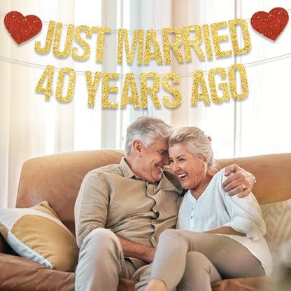 Gold Glitter Just Married 40 Years Ago Banner,NO DIY,Pre-Strung 40th Wedding Anniversary Party Decorations 40 Years Blessed & Loved Garland Sign We Still Do 40th Party Supplies - color: 40gold
