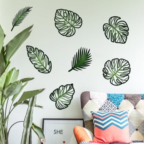 Zzbakress 7 Pcs Palm Tree Wall Art Leaves Wall Decor Tropical Wall Art Jungle Nursery Decor Monstera Room Decoration for Farmhouse Home Kitchen Bedroom Garden (Green)