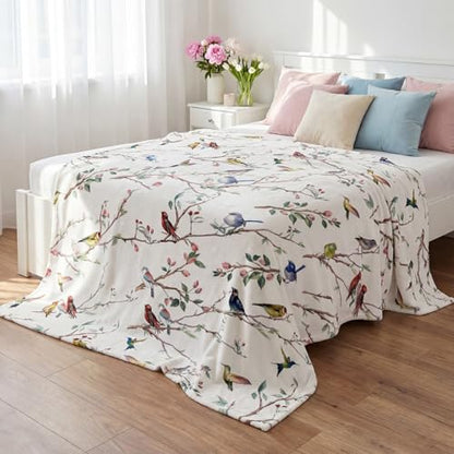 Horaldaily Spring Summer Birds Branch White Flannel Throw Blanket 50x60 - color: White, size: Throw(50x60'')