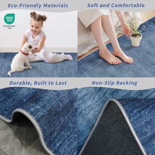 2x6ft Non-Slip Washable Kitchen Rug - Modern Carpet Runner for Hallway,Bedroom Bedside,Laundry Room,Entryway with Rubber Backing – Abstract Neutral Low-Pile Thin (Navy Blue,2x6) - color: Navy Blue, size: 2' x 6' (Rectangular)