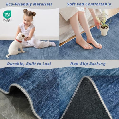 2x6ft Non-Slip Washable Kitchen Rug - Modern Carpet Runner for Hallway,Bedroom Bedside,Laundry Room,Entryway with Rubber Backing – Abstract Neutral Low-Pile Thin (Navy Blue,2x6) - color: Navy Blue, size: 2' x 6' (Rectangular)