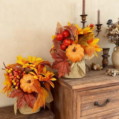 RHN Fall Centerpieces for Tables,2 Pcs Fall Table Flowers Centerpiece Decor with Pumpkin Sunflower Pinecone Berry and Maple Leaf for Autumn Thanksgiving Home Dining Table Decorations