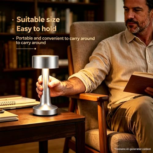 HPUFKOT Portable LED Table Lamp, 3-Levels Brightness Metal Desk Lamp,3 Color Touch Control Rechargeable Lamp, Ideal Bedside Lamp for Nightstand,Bedroom, Living Room (Silver) - color: Silver