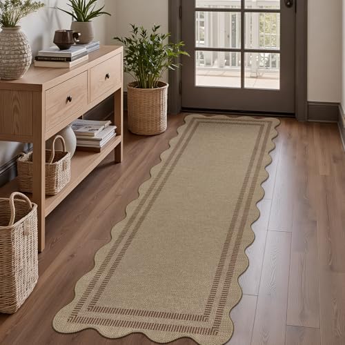 Scalloped Easy Jute 2x6 Kitchen Runner Rug, Washable Rugs for Entryway Non Slip Outdoor Indoor Hallway Rug, Farmhouse Brown Carpet for Entry Bedroom Laundry - color: Brown Geometric-2, size: 2'x6' (Runner)