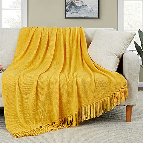 Homiest Mustard Yellow Knitted Throw Blanket with Fringe, 50x60 Inch - color: Mustard Yellow, size: 50" x 60"