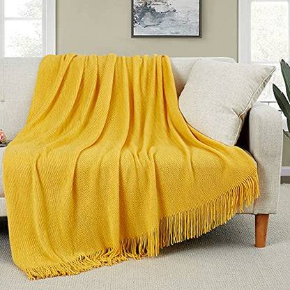 Homiest Mustard Yellow Knitted Throw Blanket with Fringe, 50x60 Inch - color: Mustard Yellow, size: 50" x 60"