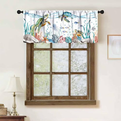 Nautical Turtle Curtains Valances,Starfish Seaweed Nautical Map Texture Valances for Kitchen Bedroom Living Room Bathroom Windows Curtain 1 Piece,54x18 Inch - color: Coastal-8
