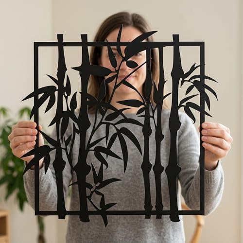 Metal Wall Decor | 17'' x 17'' x 0.05'' Bamboo Modern Art Themed Wall Decorations | Handmade Indoor and Outdoor Wall Art (Bamboo, Black) - size: 17'' x 17'', style: Bamboo