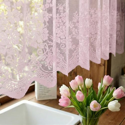 Molaxhome Kitchen Curtains Valance Pink Lace Floral Semi Sheer Curtain - color: Pink, size: 51"W x 16"L (Pack of 1)