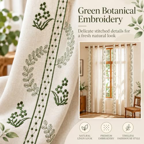 Beige linen blend brown embroidery Floral Grommet Curtains 55X83", 2 Panels - color: Grass Greenn, size: 55"W x 83"L (Pack of 2)