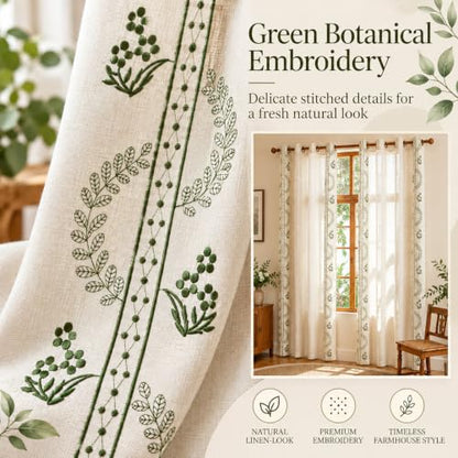 Beige linen blend brown embroidery Floral Grommet Curtains 55X83", 2 Panels - color: Grass Greenn, size: 55"W x 83"L (Pack of 2)