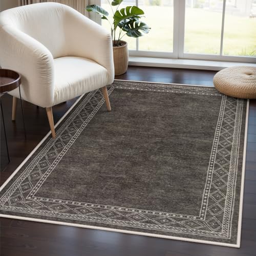 Lahome Modern Bordered Machine Washable Rug, Ultra-Thin Soft 3x5 Rugs for Entryway Bedroom, Non-Slip Stain Resistant Small Carpet for Laundry Entry（3'x 5',Brown - color: Grey/Brown, size: 3' x 5'